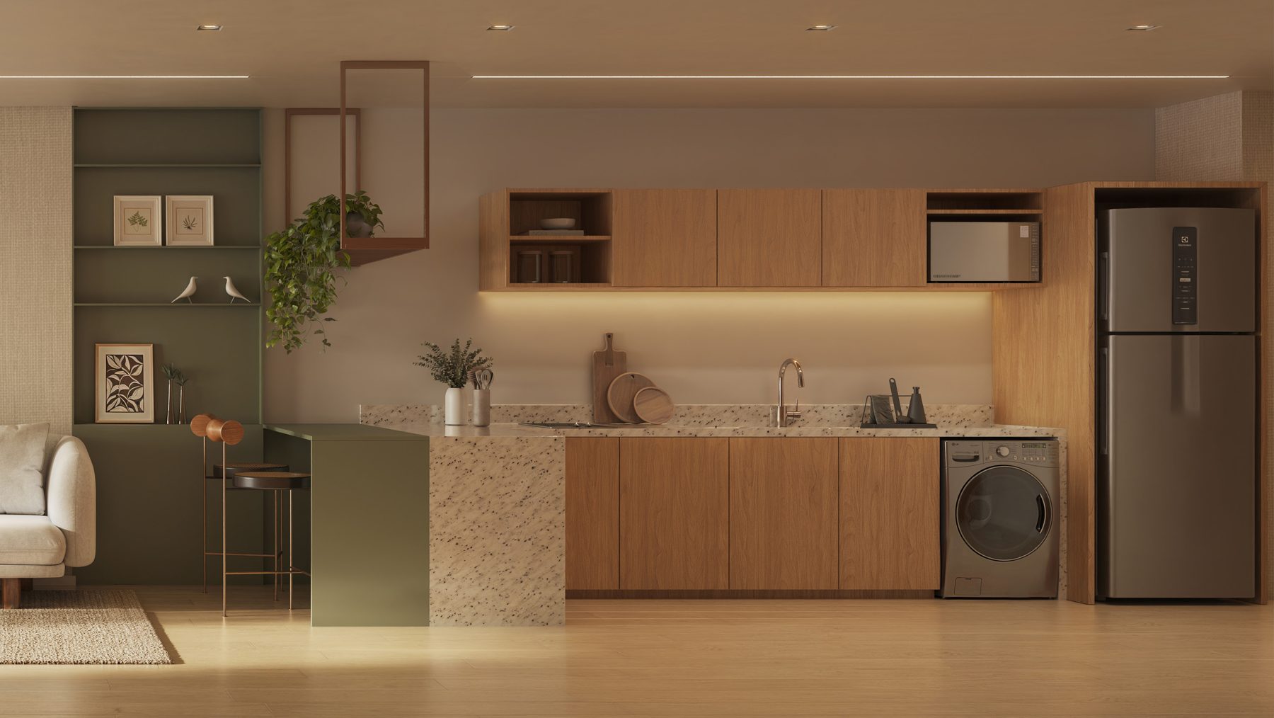 Cozinha integrada do studio do Barão de Jaguaripe 225, com cooktop elétrico e armários