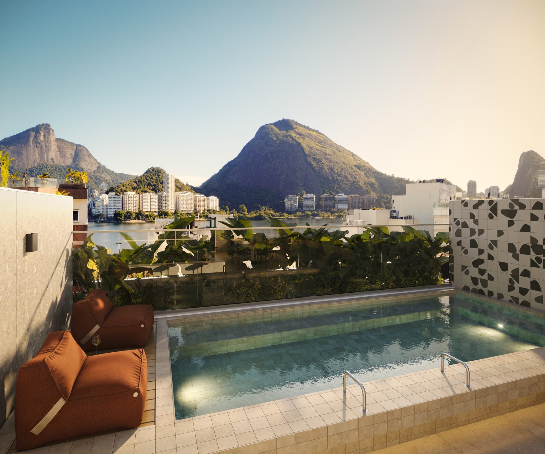 Piscina do rooftop do Be.in.Rio Barão de Jaguaripe 225, com vista para o Morro Dois Irmãos